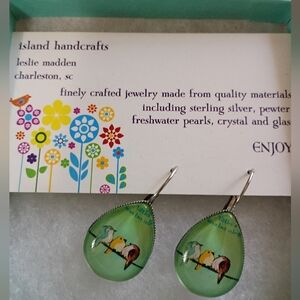 Island Handcrafts Leslie Madden Green Birds On A Wire Teardrop Earrings
